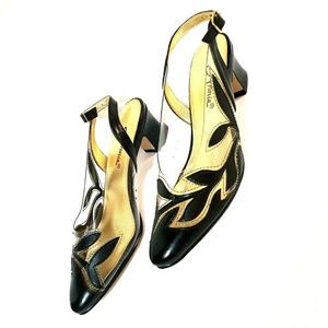 ANNIE 7.5 Black Gold Clear Slingback Heels NWOT